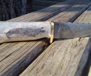 Alligator Scrimshaw Deer Antler Damascus Steel Knife by Jeff Loehr