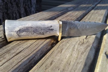 Alligator Scrimshaw Deer Antler Damascus Steel Knife by Jeff Loehr