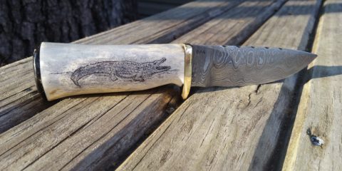 Alligator Scrimshaw Deer Antler Damascus Steel Knife by Jeff Loehr