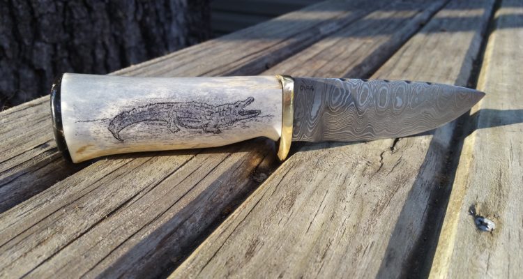 Alligator Scrimshaw Deer Antler Damascus Steel Knife by Jeff Loehr
