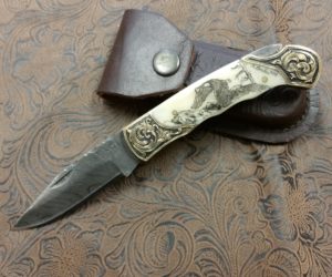 Scrimshaw Eagle Hand Engraved Damascus Steel Knife by Jeff Loehr