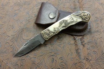 Scrimshaw Eagle Hand Engraved Damascus Steel Knife by Jeff Loehr