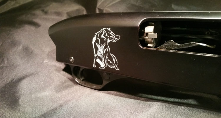 Wolf On Shotgun Receiver Hand Engraved by Jeff Loehr