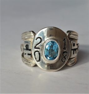Silver Class Ring with Blue Topaz Hand Engraved & Hand Carved