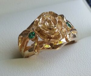 Hand Carved Rose Engagement Ring Gold and Emerald
